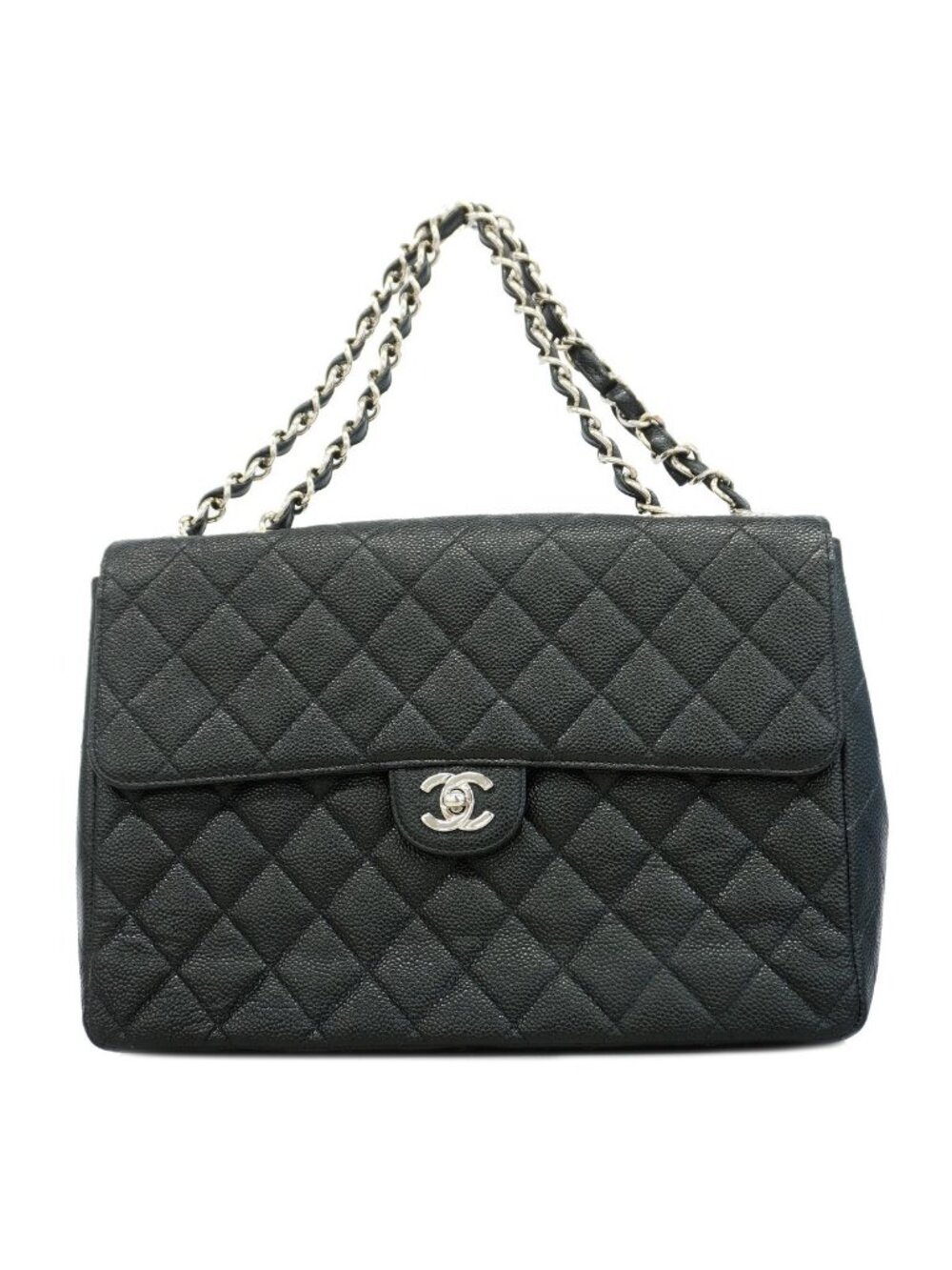 Chanel Shoulder Bag Maxi Quilted Caviar Leather Black Silver